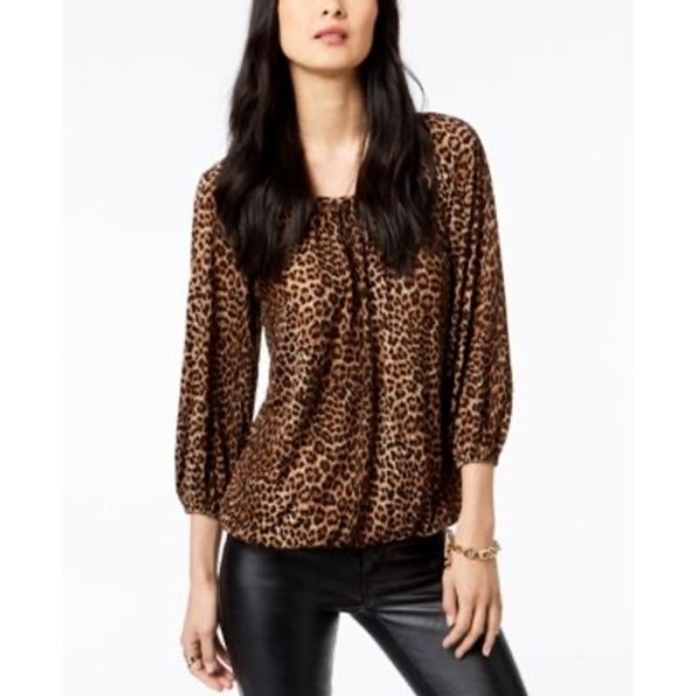Michael Kors Leopard Print Scoop Neck Blouse 3/4 Sleeve Brown Black Small